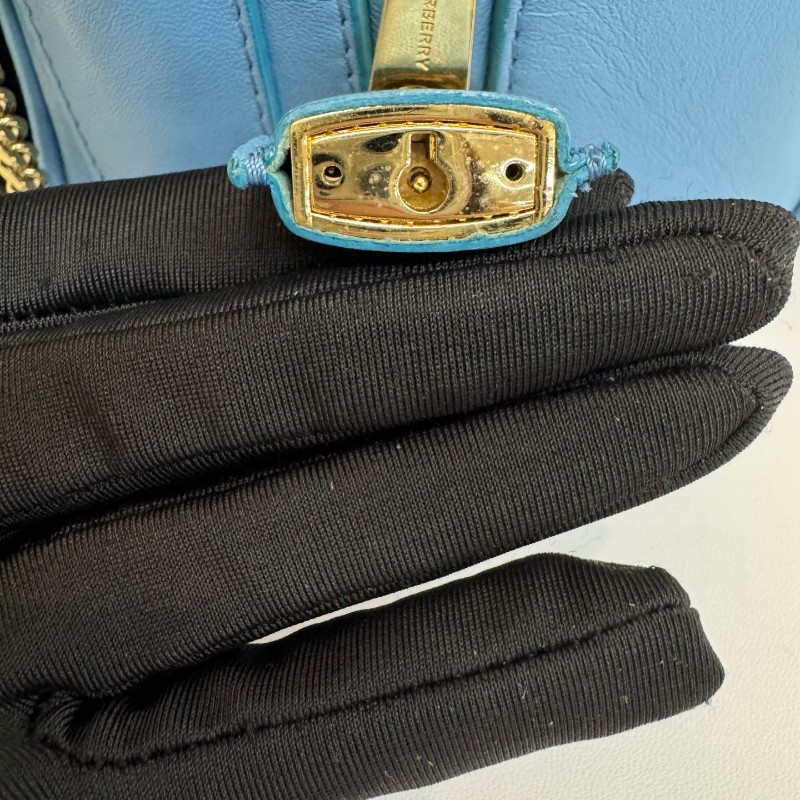 Burberry/博柏利黑色拼藍色全皮小號保齡球鏈條手提單肩包-15