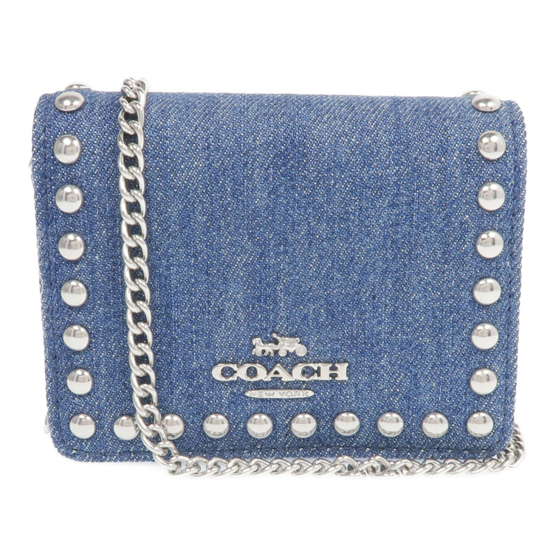 COACH 牛仔布Mini Chain Shoulder銀扣鏈帶肩背袋-0
