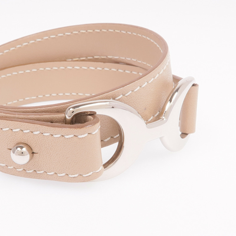 HERMES Swift皮革Baby Pavane Double Tour Bracelet銀扣手帶Etoupe-4