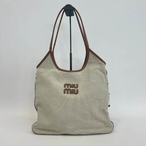 MiuMiu/繆繆米色拼焦糖色編織手提托特包芯片款