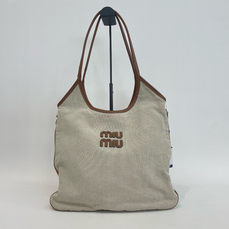 MiuMiu/繆繆米色拼焦糖色編織手提托特包芯片款-0