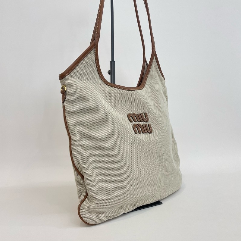 MiuMiu/繆繆米色拼焦糖色編織手提托特包芯片款-2