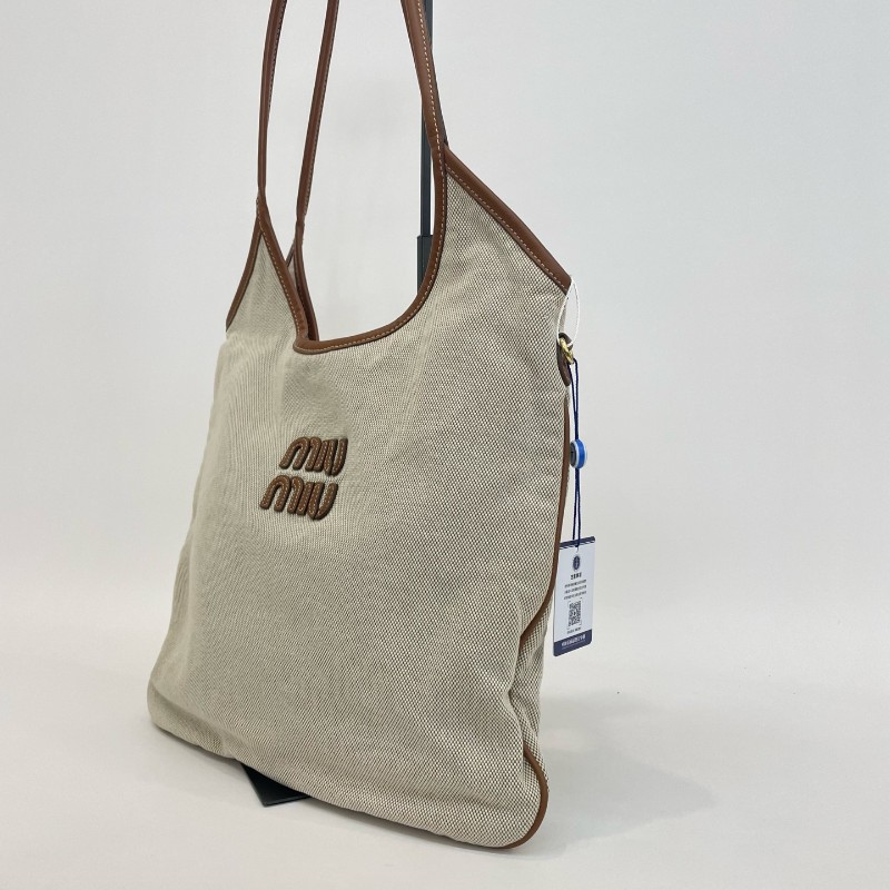 MiuMiu/繆繆米色拼焦糖色編織手提托特包芯片款-3