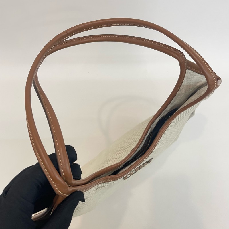 MiuMiu/繆繆米色拼焦糖色編織手提托特包芯片款-6