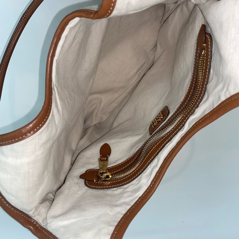 MiuMiu/繆繆米色拼焦糖色編織手提托特包芯片款-7