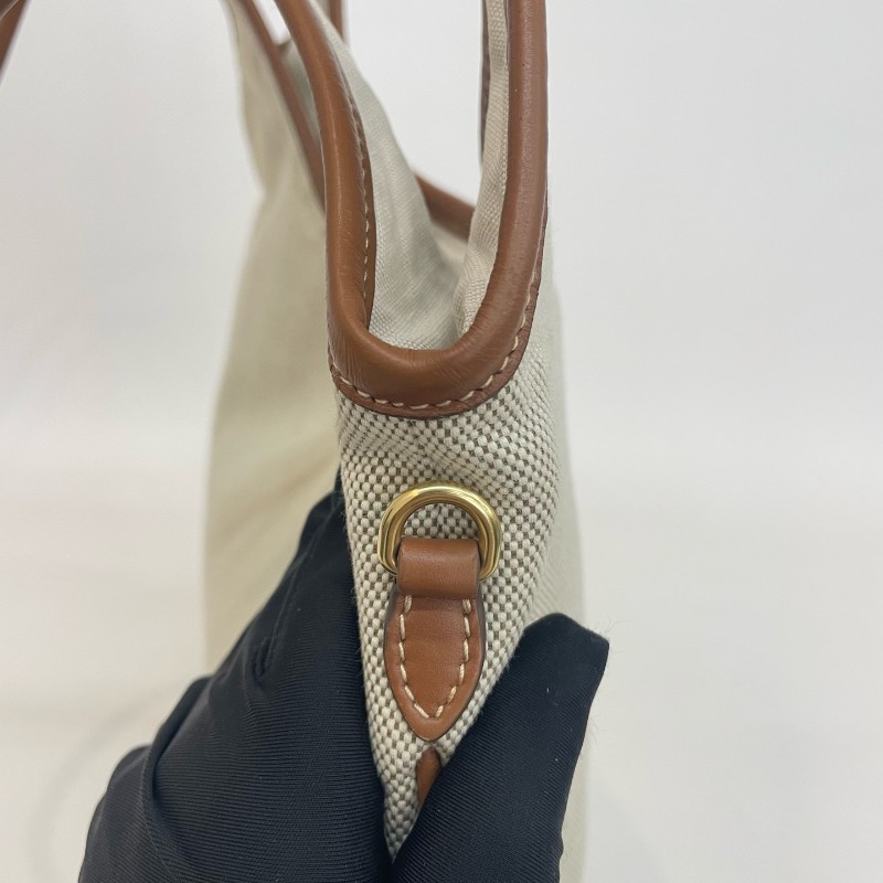 MiuMiu/繆繆米色拼焦糖色編織手提托特包芯片款-9