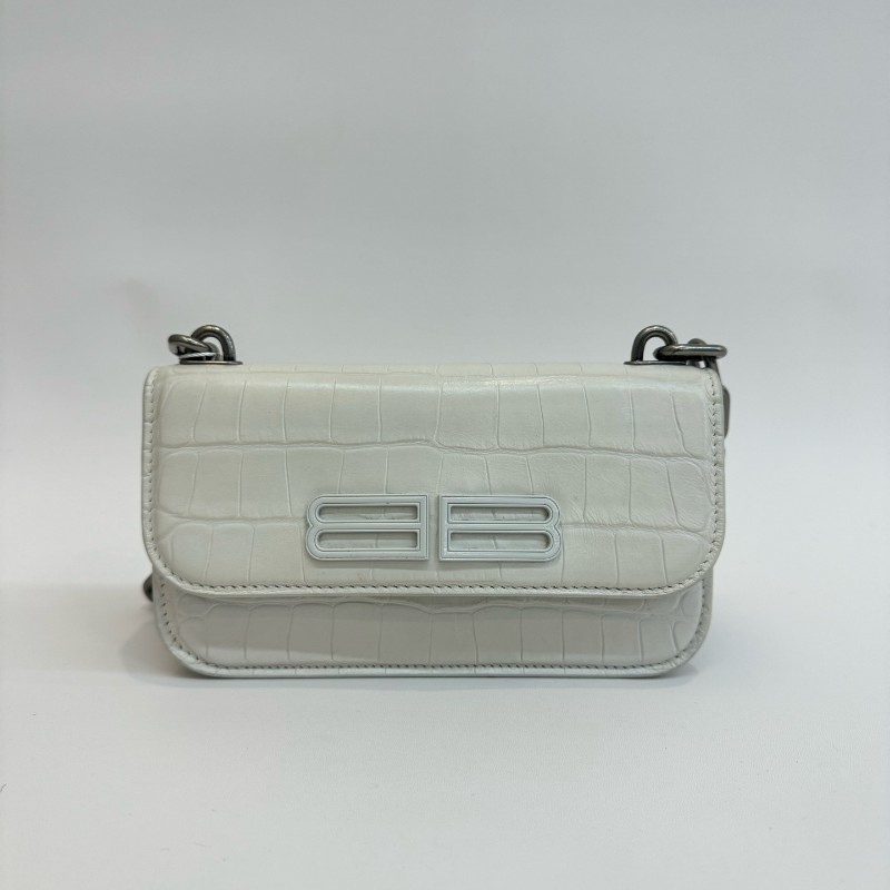 Balenciaga/巴黎世家Gossip白色雙B鱷魚壓紋小牛皮相機包斜挎單肩包-0
