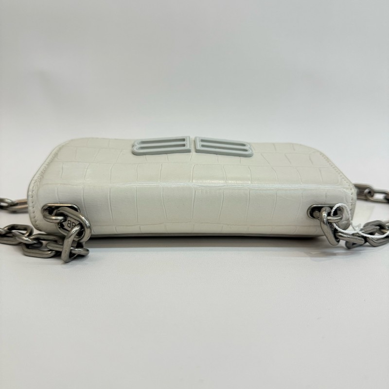Balenciaga/巴黎世家Gossip白色雙B鱷魚壓紋小牛皮相機包斜挎單肩包-5