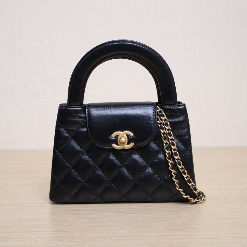 CHANEL 25CKelly鏈條手柄手提包黑色牛皮晶片開金扣肩背包-1