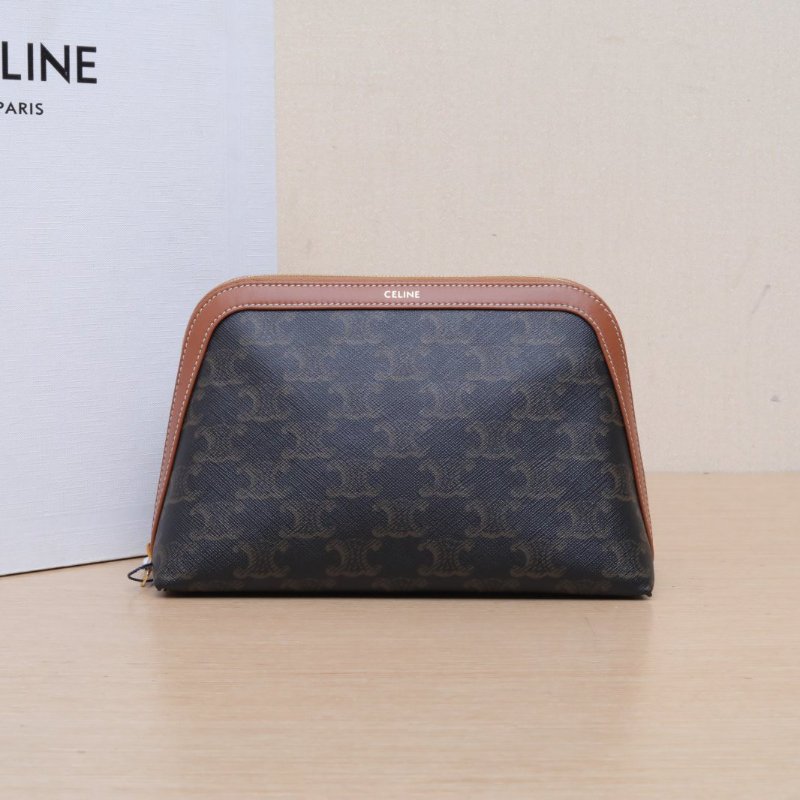 CELINE 老花PVC金扣Triomphe凱旋門標誌印花Canvas化妝包肩背包-0