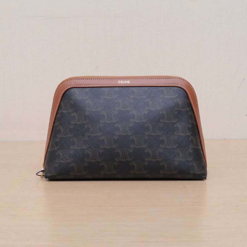 CELINE 老花PVC金扣Triomphe凱旋門標誌印花Canvas化妝包肩背包-1