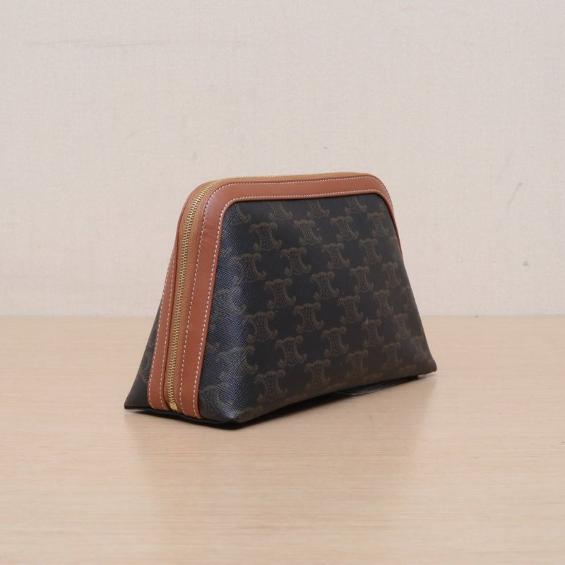 CELINE 老花PVC金扣Triomphe凱旋門標誌印花Canvas化妝包肩背包-4