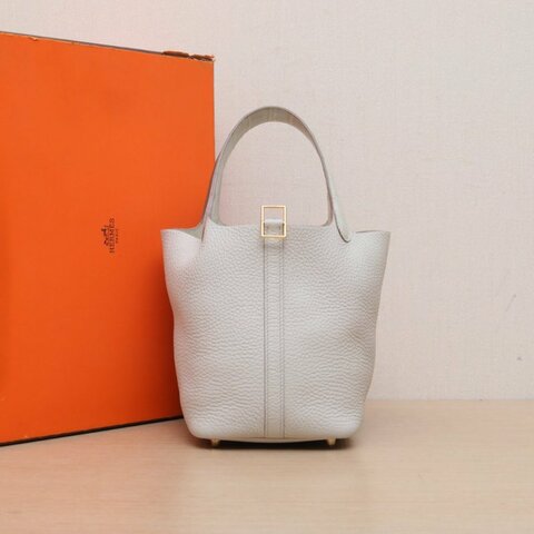 HERMES Picotin菜籃子18Touch8L冰川白TC皮/正方塊鱷魚皮B刻金扣肩背包