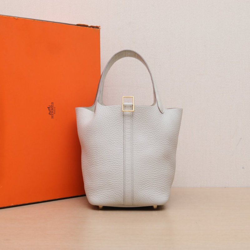 HERMES Picotin菜籃子18Touch8L冰川白TC皮/正方塊鱷魚皮B刻金扣肩背包-0