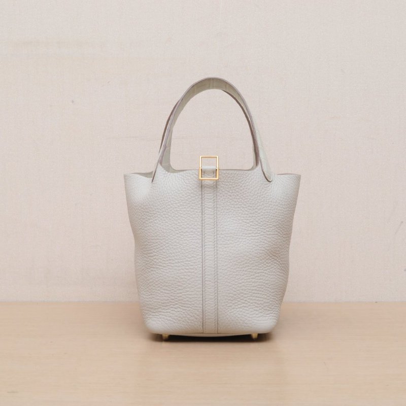 HERMES Picotin菜籃子18Touch8L冰川白TC皮/正方塊鱷魚皮B刻金扣肩背包-1