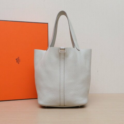 HERMES Picotin22菜籃子8L冰川白TC皮C刻銀扣肩背包