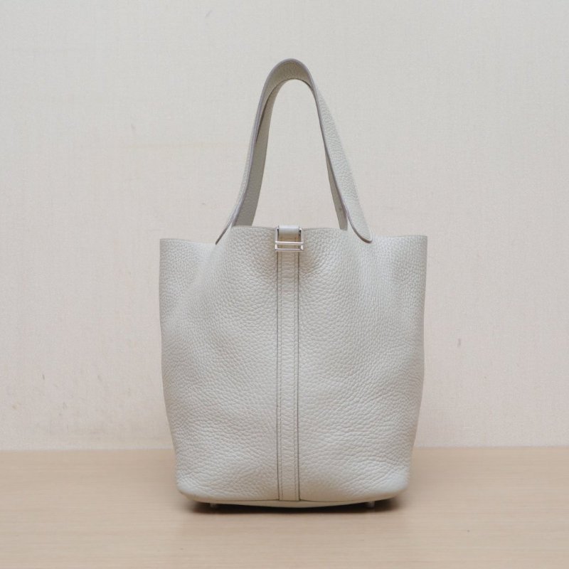 HERMES Picotin22菜籃子8L冰川白TC皮C刻銀扣肩背包-1