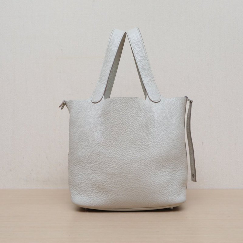 HERMES Picotin22菜籃子8L冰川白TC皮C刻銀扣肩背包-4