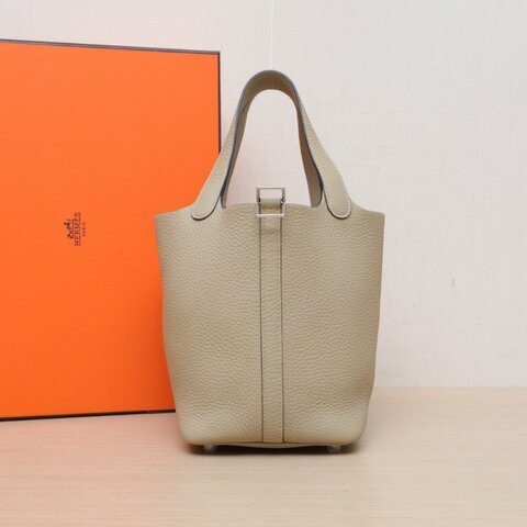 HERMES Picotin18菜籃子S2風衣灰TC皮W刻銀扣肩背包