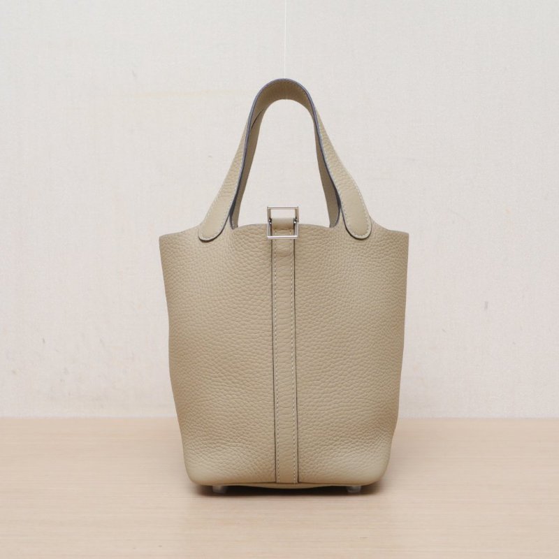 HERMES Picotin18菜籃子S2風衣灰TC皮W刻銀扣肩背包-1