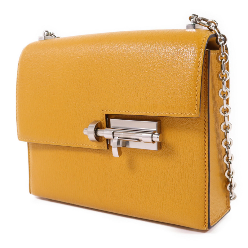 HERMES Chevre皮革Verrou Mini銀扣鏈帶肩背袋Jaune Ambre-2
