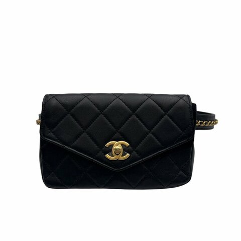 【美收精品】CHANEL 黑色羊皮腰包 B-985【隔月月中將轉賣至日本 上架期限30天】