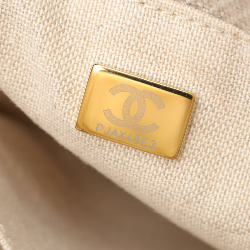 香奈兒 Deauville 鏈肩背托特包，帆布皮革，米色/白色，二手，金色五金 CC-4