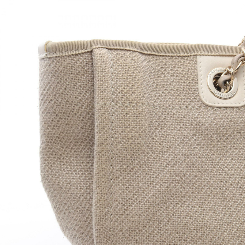 香奈兒 Deauville 鏈肩背托特包，帆布皮革，米色/白色，二手，金色五金 CC-5