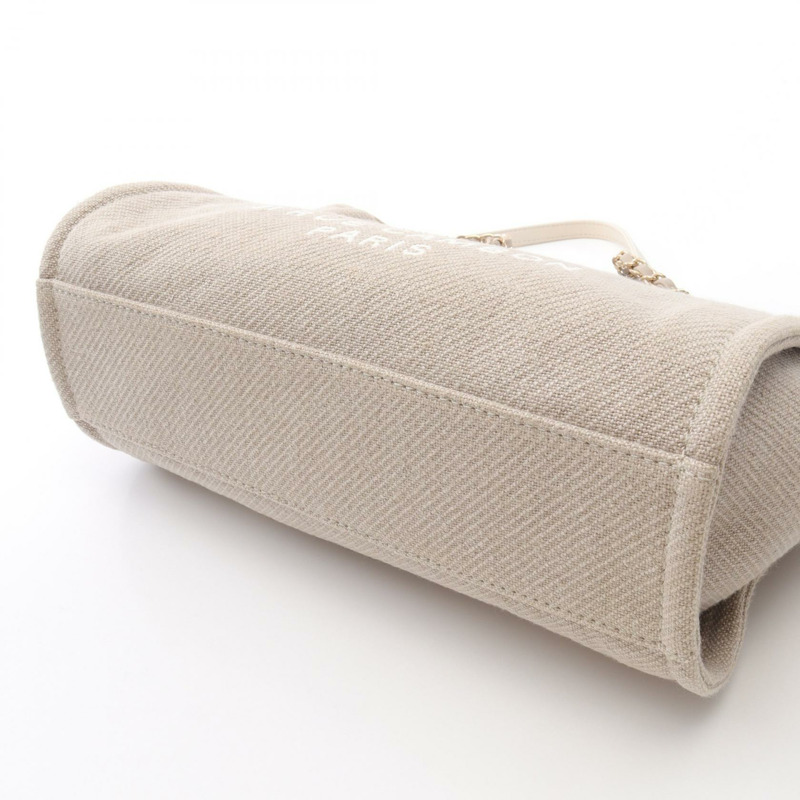 香奈兒 Deauville 鏈肩背托特包，帆布皮革，米色/白色，二手，金色五金 CC-7