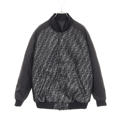 FENDI FF圖案黑色聚酯短版夾克，男款，二手，48號