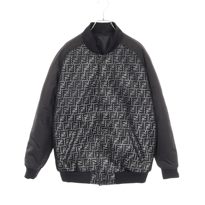 FENDI FF圖案黑色聚酯短版夾克，男款，二手，48號-0