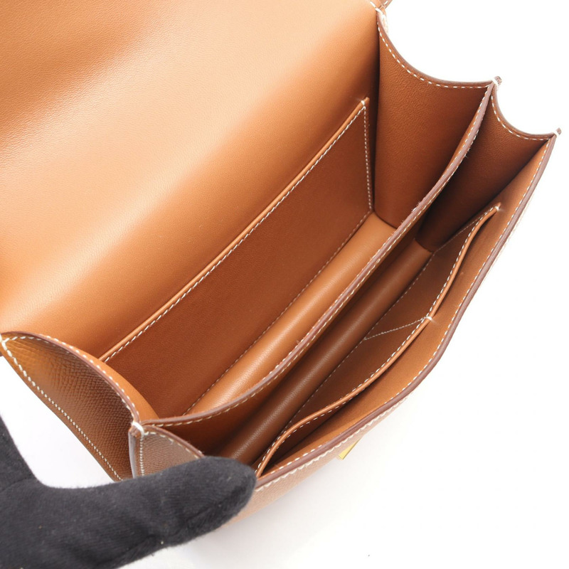 愛馬仕 Constance 3 迷你金色肩背包，Epsom 皮革，棕色，二手，女士，金色五金配件-2