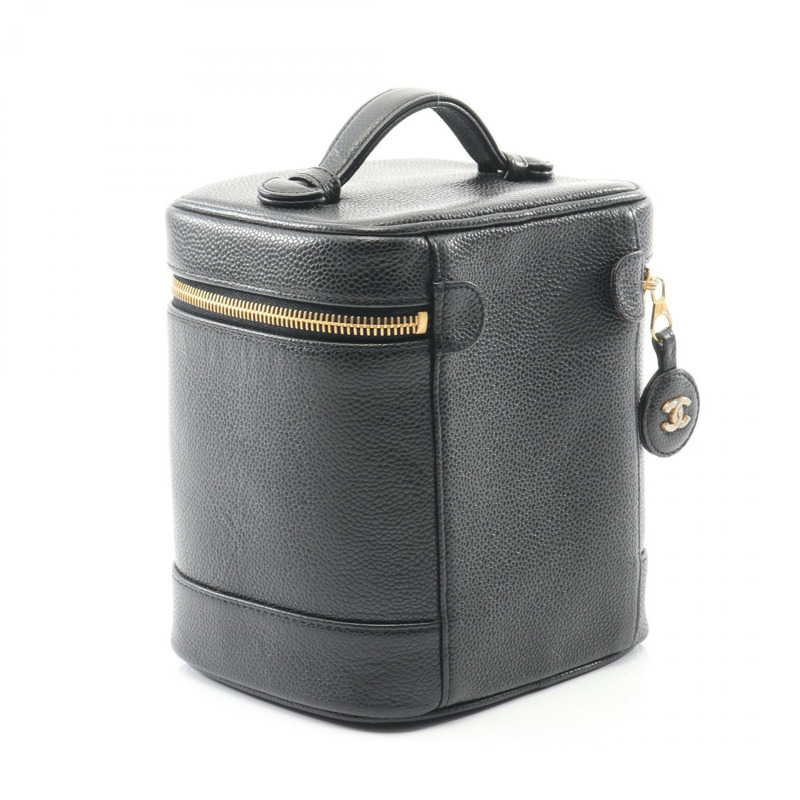 香奈兒 COCO 標誌化妝包,粒面小牛皮,黑色,二手,女士,金色五金 CC-1