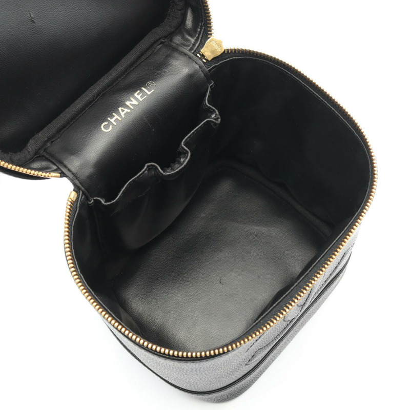 香奈兒 COCO 標誌化妝包,粒面小牛皮,黑色,二手,女士,金色五金 CC-2