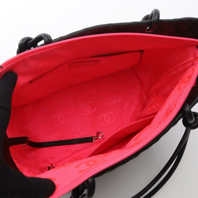 香奈兒 Cambon 系列大手提單肩包,黑色/白色皮革,二手,帶五金配件-2