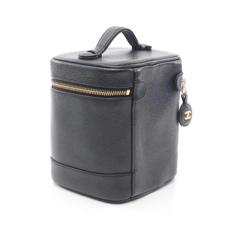 香奈兒 COCO 標誌化妝包,小牛皮,黑色,二手,女士,金色五金-1