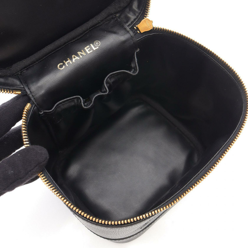 香奈兒 COCO 標誌化妝包,小牛皮,黑色,二手,女士,金色五金-2