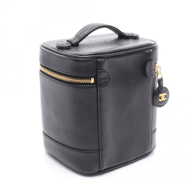 香奈兒 COCO 標誌化妝包,粒面小牛皮,黑色,二手,女士,金色五金 CC-1