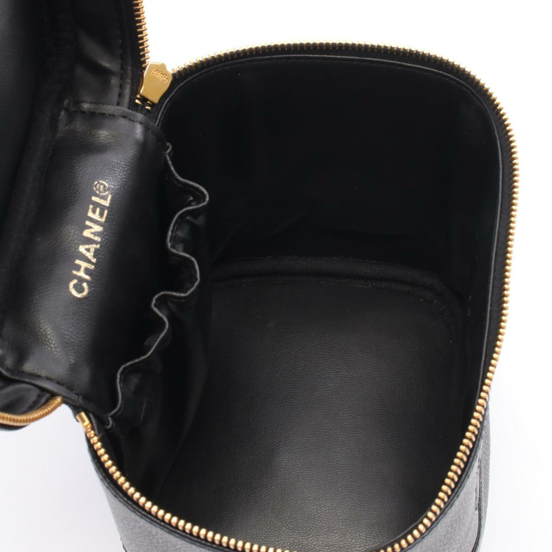 香奈兒 COCO 標誌化妝包,粒面小牛皮,黑色,二手,女士,金色五金 CC-2