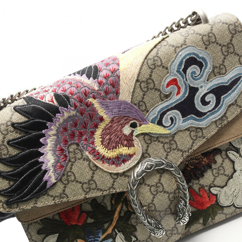 GUCCI Dionysus GG Supreme 鏈條肩背包 403348 帆布麂皮米色 二手-8