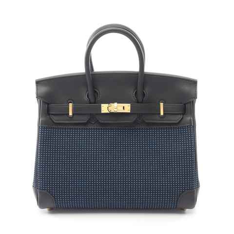 愛馬仕 Birkin 25 手提包，Swift 皮革，Toile Quadrille 印花，黑色/藍色，二手，金色五金