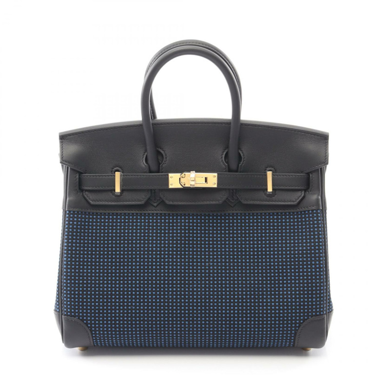 愛馬仕 Birkin 25 手提包,Swift 皮革,Toile Quadrille 印花,黑色/藍色,二手,金色五金-0