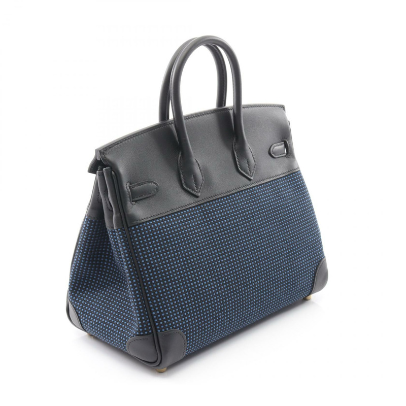 愛馬仕 Birkin 25 手提包,Swift 皮革,Toile Quadrille 印花,黑色/藍色,二手,金色五金-1