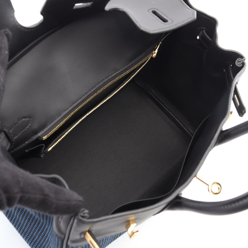 愛馬仕 Birkin 25 手提包,Swift 皮革,Toile Quadrille 印花,黑色/藍色,二手,金色五金-2