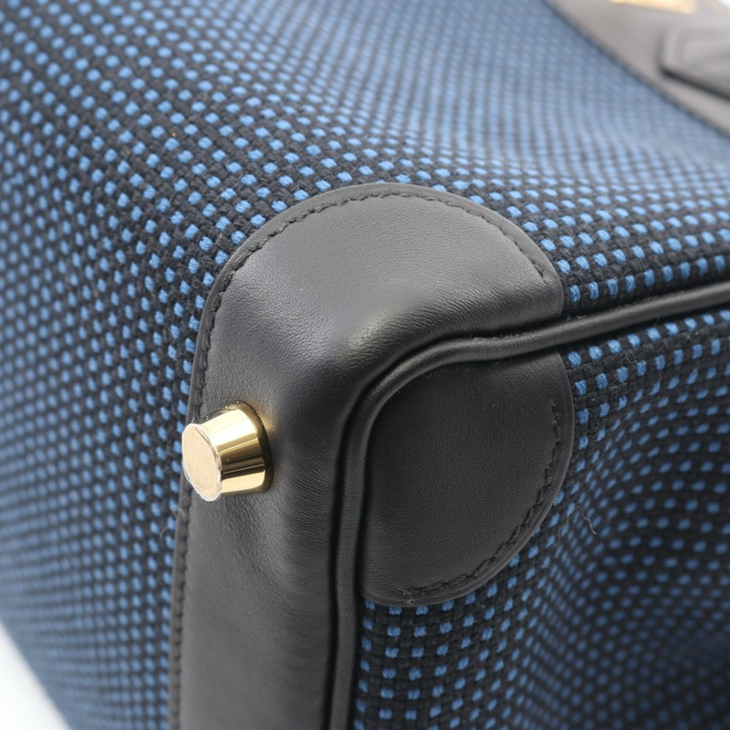 愛馬仕 Birkin 25 手提包,Swift 皮革,Toile Quadrille 印花,黑色/藍色,二手,金色五金-6