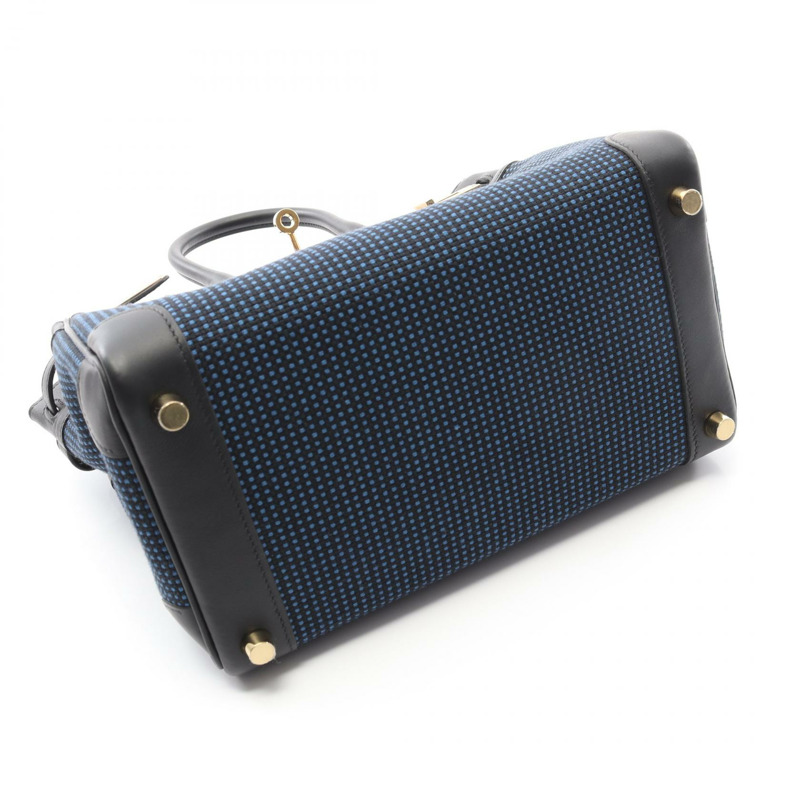 愛馬仕 Birkin 25 手提包,Swift 皮革,Toile Quadrille 印花,黑色/藍色,二手,金色五金-7