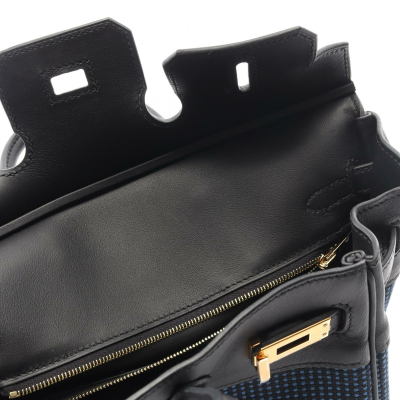 愛馬仕 Birkin 25 手提包,Swift 皮革,Toile Quadrille 印花,黑色/藍色,二手,金色五金-8