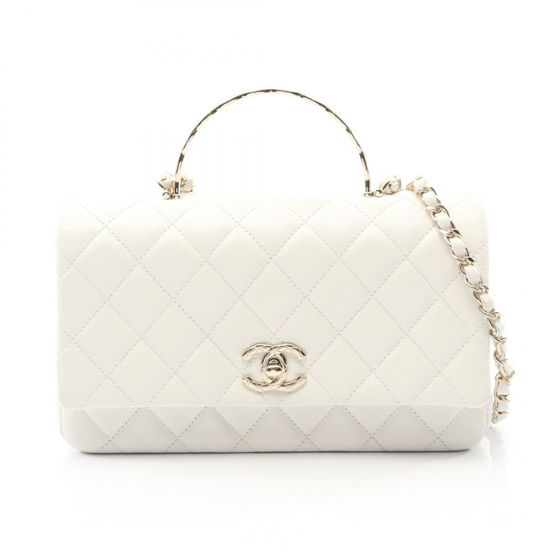 香奈兒 (CHANEL) 絎縫手柄鏈條肩背斜背包 白色皮革 二手 金色五金-0