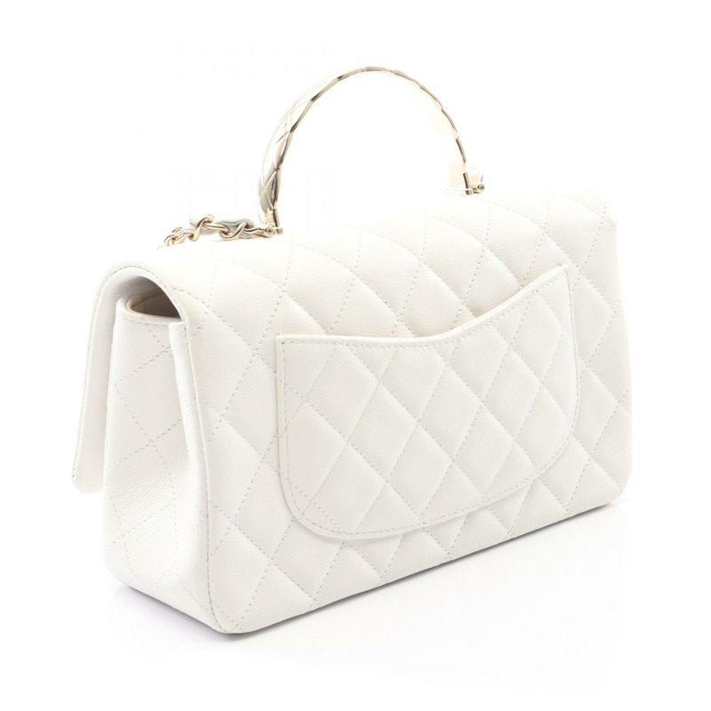 香奈兒 (CHANEL) 絎縫手柄鏈條肩背斜背包 白色皮革 二手 金色五金-1