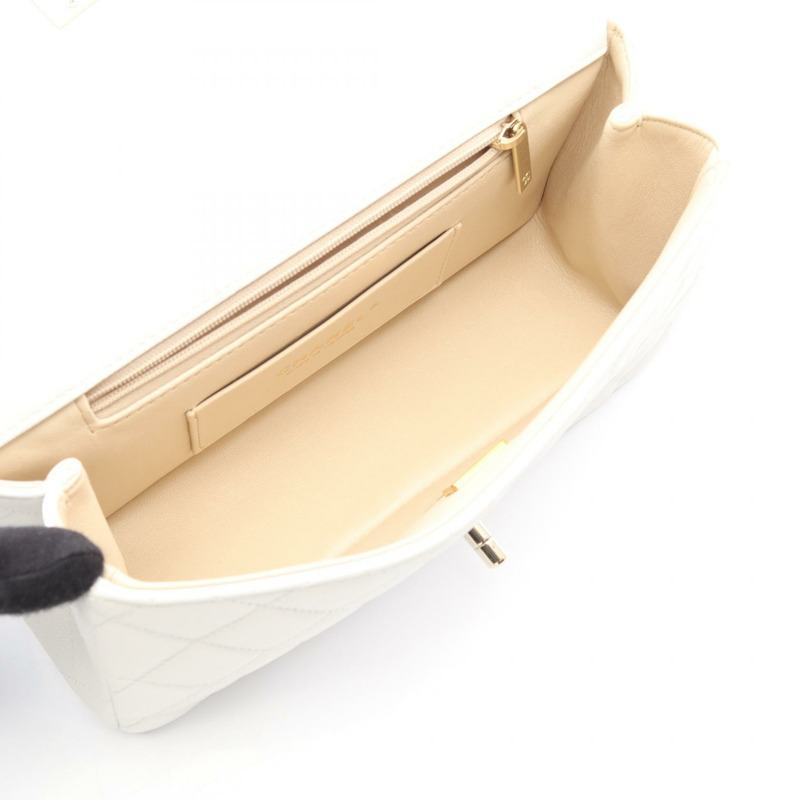 香奈兒 (CHANEL) 絎縫手柄鏈條肩背斜背包 白色皮革 二手 金色五金-2